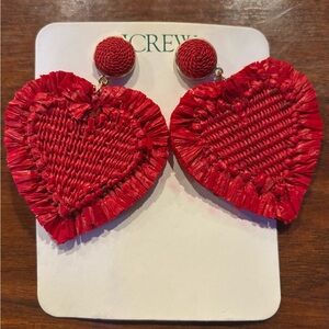 New J.Crew Oversized Heart Raffia Dangle Earrings Vintage Red Plated Brass